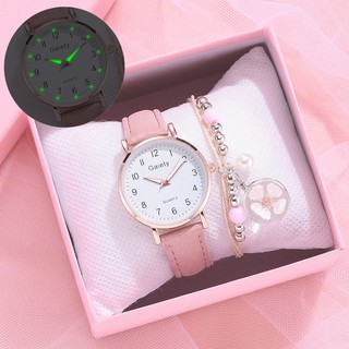 (Reloj + pulsera) Reloj de mujer + Bonita pulsera de Sakura Reloj casual de estudiante de moda simple Reloj de cuero