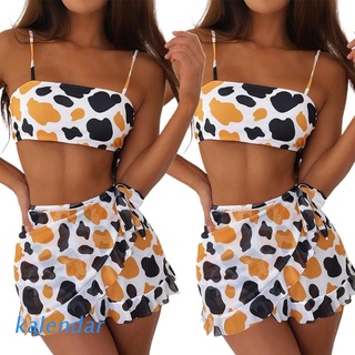 KALEN Women Sexy 3pcs Bikini Set Cow Print Swimsuit with Ruffles Sarong Wrap Skirt