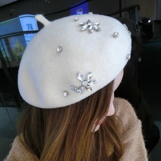 Boina para mujer otoño e invierno nuevo sombrero de lana con diamantes de imitación moda todo a juego británico Retro coreano tipo pintor Cap moda (4)