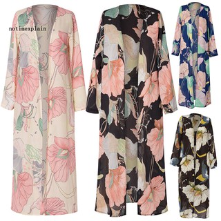 nombre de las mujeres impresión floral de manga larga gasa maxi cardigan kimono abrigo playa cubrir (1)