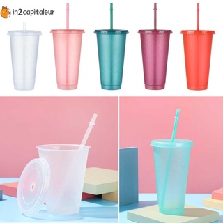 in2capitaleur 1 taza portátil para beber personalizada flash polvo paja taza reutilizable vajilla de plástico al aire libre brillante botella de agua con pajitas/multicolor