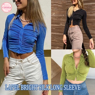 Cropped Top Clothes Cardigan Pleated Women's Lapel Bright Silk Long-Sleeved T-Shirt Soft and Comfortable (2)