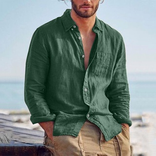 hombres camisas botón abajo cuello solo botonadura color sólido verano algodón lino hombres moda manga larga tops para citas (9)