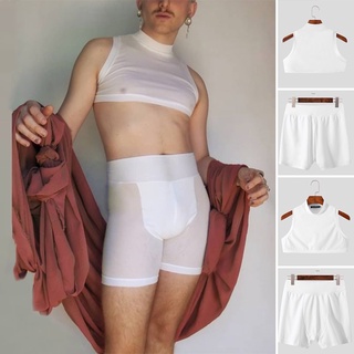 Xman hombres Casual sin mangas Crop Top + pantalones cortos transparente ropa trajes