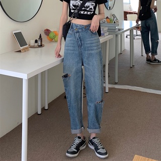 Pantalones de mujer verano 2021 nueva versión coreana de hebilla diagonal retro cintura alta drapeado delgado pierna ancha jeans rasgados tendencia