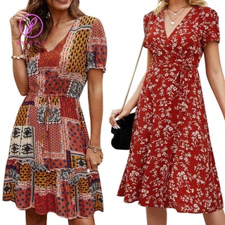 2 piezas de las mujeres de cuello en V vestido Floral vestido Casual verano playa vestido elegante media longitud falda rojo L tamaño y naranja XL tamaño