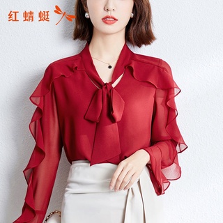 Libélula roja 2021 Primavera Nueva camisa de gasa Manga larga Moda coreana Camisa de lazo fino con volantes occidentales