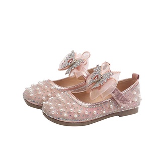 2021 verano nuevas niñas zapatos de cuero diamantes de imitación arco princesa zapatos niñas moda danza malla dulce zapatos Casual pisos para boda