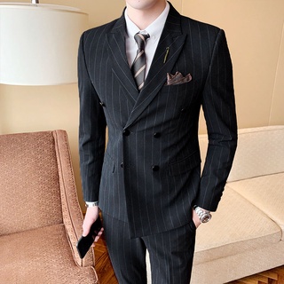 Traje de doble botonadura trajes de hombre a rayas británico ajustado de moda coreana Casual novio traje de boda de una sola pieza/Traje