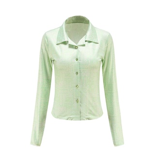 ❈Fp❈Mujer Casual manga larga cárdigan moda geométrica impresión solapa camiseta de un solo pecho