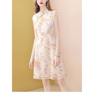 moda bordado floral cheongsam verano manga corta una línea de cintura alta elegante cny mujeres vestido midi