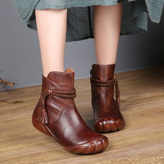 [Spot] Botas de borla hechas a mano botas cortas planas étnicas botas de otoño e invierno nuevas botas de cuero Martin botas laterales cremallera