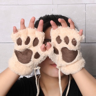 YOLAN 14Colors mujeres oso gato pata niña guantes de felpa esponjoso invierno moda encantador cálido sin dedos/Multicolor (9)