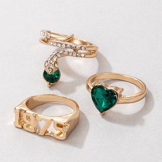 3 unids/Sets de anillos de boda de corazón de piedra de cristal verde brillante conjuntos de serpiente 1975 letras de Metal de aleación para mujeres hombres joyería