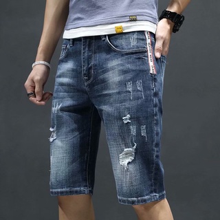 Summer Thin And All-Matching Ripped Jeans New High Waist Casual Pants Men's Five-Point Korean Slim Fit Straight Shorts