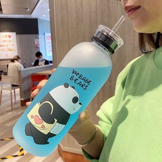 1000ml portátil transparente esmerilado botellas de agua de plástico con paja/al aire libre niños de dibujos animados oso patrón de succión botella de beber (5)