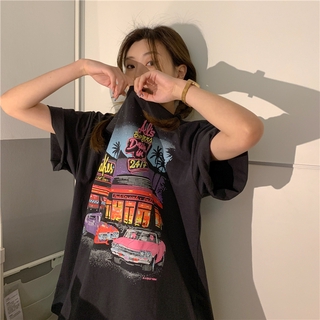 Mujer verano Retro impreso suelto manga corta camiseta Unisex Top