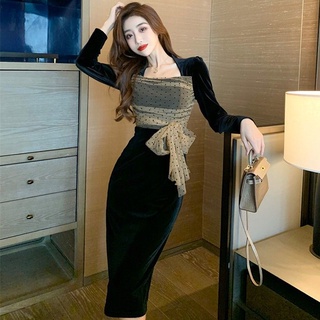 2021primavera y otoño nuevo estilo coreano francés cuello cuadrado terciopelo moda elegante media longitud diosa temperamento primer amor vestido