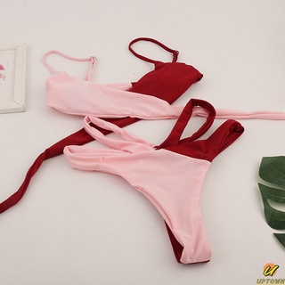 conjunto de bikini vendaje para mujer inalámbrico push-up sujetador acolchado traje de baño color contraste ropa de playa para piscina verano natación (6)