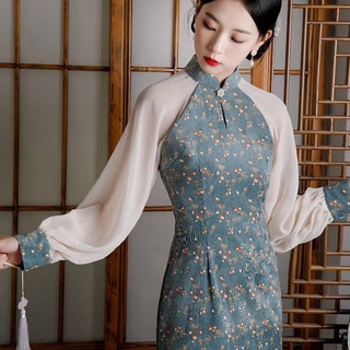 Floral Costura cheongsam Slim Mujer retro Elegante Vestido De Manga Larga Hanfu