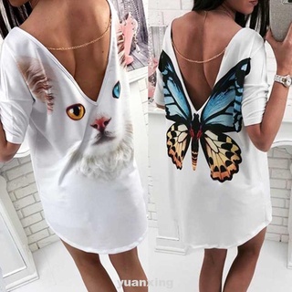 estilo largo camisetas mariposa, gato mujeres tops manga corta tops