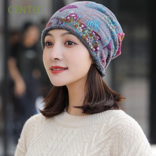 CENTEC Korean Women Hat Autumn Velvet Bonnet Bib Hats Winter Plus Velvet Print Flower Fashion Soft Winter Cap Beanie/Multicolor