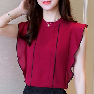 Camisa de gasa sin mangas 2020 verano nuevo estilo coreano blusa delgada de todo fósforo camisa con volantes de mujer cuello alto