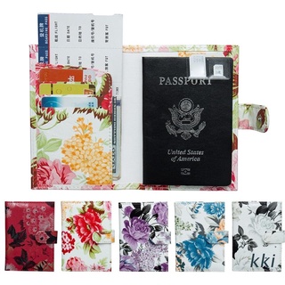 kki. multi color peonía flor impresión pasaporte cubierta cartera cuero pasaporte titular