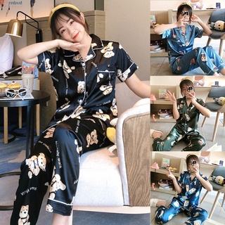 pijama de manga corta con estampado de satén para mujer