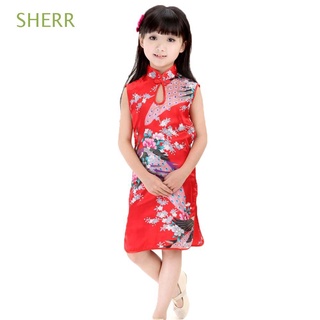 sherr lindo niño vestidos dulce ropa de verano cheongsam vestido qipao pavo real sin mangas slim niños estilo chino vestido tradicional/multicolor
