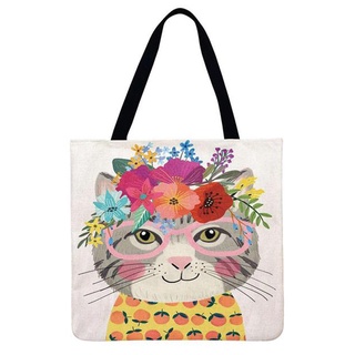 fs_cartoon flor gato impreso hombro bolsa de la compra casual grande bolso