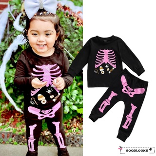 Gd-Niño niña 2Pcs disfraz de Halloween, manga larga esqueleto jersey Tops y pantalones conjunto