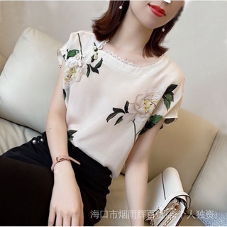 Estación Europea República De China Gardenia Estilo Chino Botón Impreso Encaje Camisa De Seda Verano Delgado Manga Corta Superior Femenina (1)