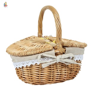 cesta de mimbre hecha a mano con asa, cesta de picnic de camping de mimbre con tapas dobles, cesta de almacenamiento de compras con forro de tela