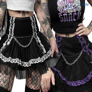 seguro mujeres goth punk cintura alta encaje patchwork plisado una línea mini falda con cadena harajuku doble capa de malla acampanada volantes lolita streetwear