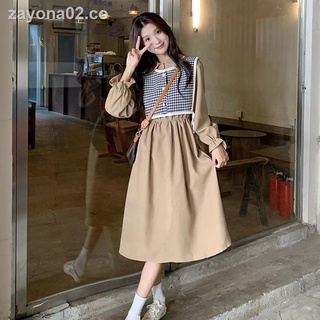 ◕Vestido de manga larga para mujer otoño versión coreana 2021 nueva falda de platycodon de longitud media de cintura alta y delgada a la moda para reducir la edad