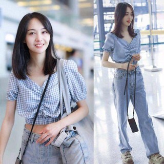 Estilo de estrella coreano v-cuello crop top camisa azul cuadros camisa de las mujeres de verano plegable camisa de manga corta diseño sentido
