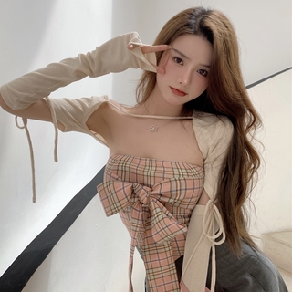 IELGY tube top vest summer plaid bowknot pure desire wind chest wrap underwear top wear outside and inside (7)