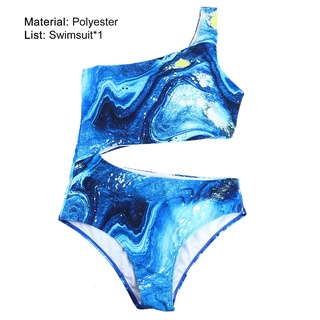 handyou de un hombro de cintura alta azul impresión hueco de las mujeres de una sola pieza traje de baño bikini para la piscina (8)