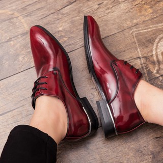 Tamaño 38-48 de los hombres Formal de cuero de patente zapatos de negocios puntiagudo del dedo del pie cordones zapatos rojo (7)