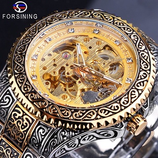forsining nuevo reloj de pulsera mecánico de lujo esqueleto automático dorado reloj para hombre diamante acero inoxidable relojes impermeables