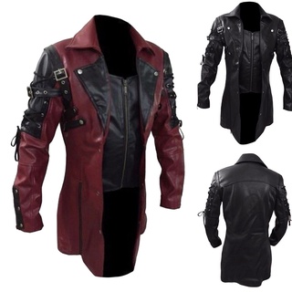 [ufas] chaqueta de cuero vintage para hombre, motociclista, cremallera de manga larga, blusas