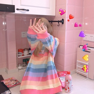 Coreano arco iris raya suelta manga larga T-shirt (3)
