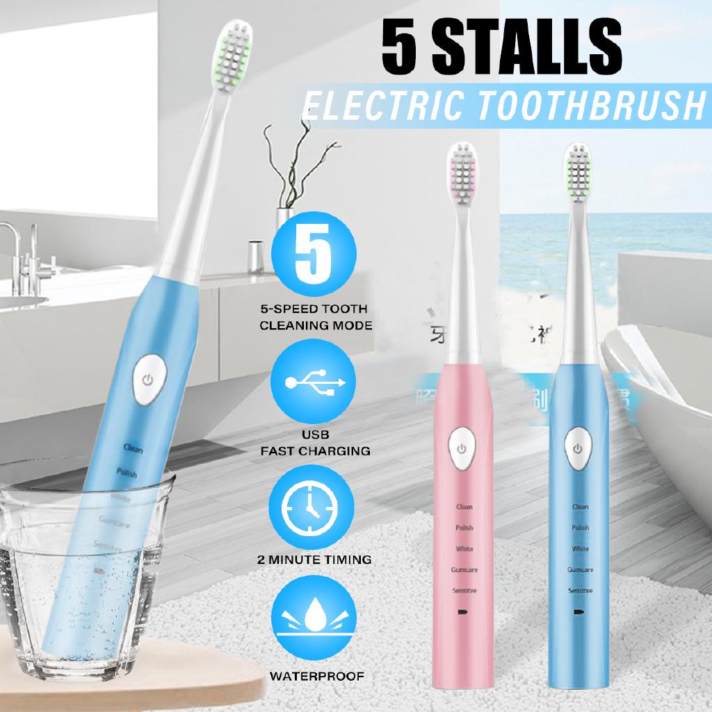 5 modos Sonic USB recargable cepillo de dientes eléctrico impermeable + 4 cabezas de cepillo