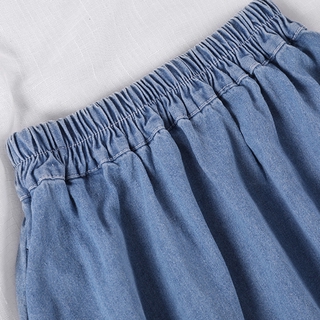 Rockystudio falda corta Simple una línea de cintura alta falda Denim cintura elástica mujeres (3)