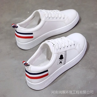 [Yang Mi] Casual Zapatos De Mujer De Cuero Todo-Partido Blanco Planos Con Cordones Zapatillas De Deporte Estudiante Transpirable 22.3.28
