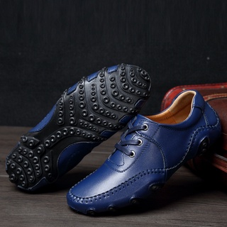 Los hombres de cuero genuino Kulit en línea de cuero para hombre zapatos casuales de cuero de barco zapatos de conducción de encaje azul de gran tamaño 39-46 (3)
