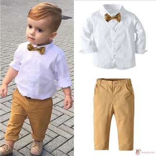 Babygarden-baby boy's 2 piezas caballero traje, Color blanco sólido botón de manga larga arco camisa larga cintura elástica pantalones
