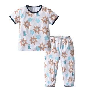 ♂El◐Conjunto de ropa de dormir de 2 piezas, estampado Floral para niños, cuello redondo, manga corta, pantalones de pijama para verano, 18 meses-6 (1)