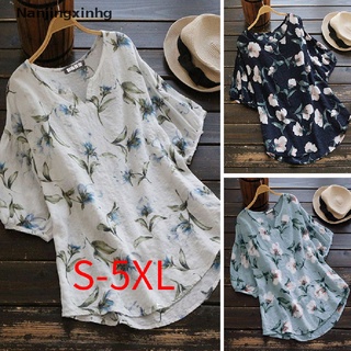 [nanjingxinhg] más el tamaño de las mujeres de lino de algodón floral tops señoras verano holgado camisetas blusa [caliente] (1)